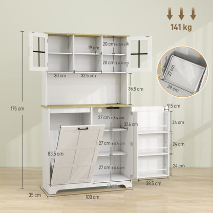 175cm Tall Kitchen Cabinet with Rubbish Bin, White