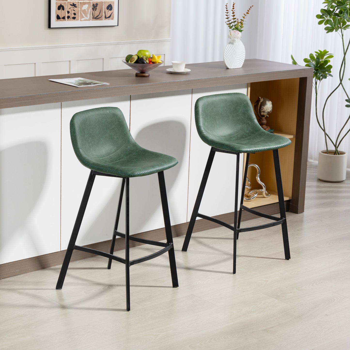 Bar Stools Set of 2, Bar Chairs with Back and Steel Legs, Green