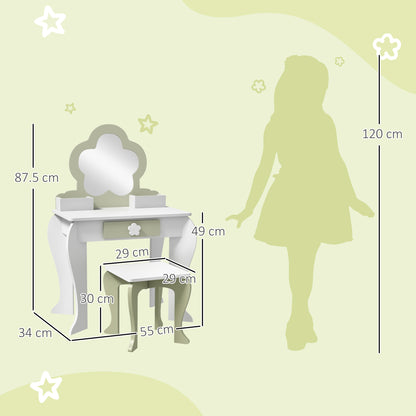 ZONEKIZ Kids Vanity Table with Mirror and Stool, Drawer, Storage Boxes, Beauty Flower Design, for 3-6 Years Old, White