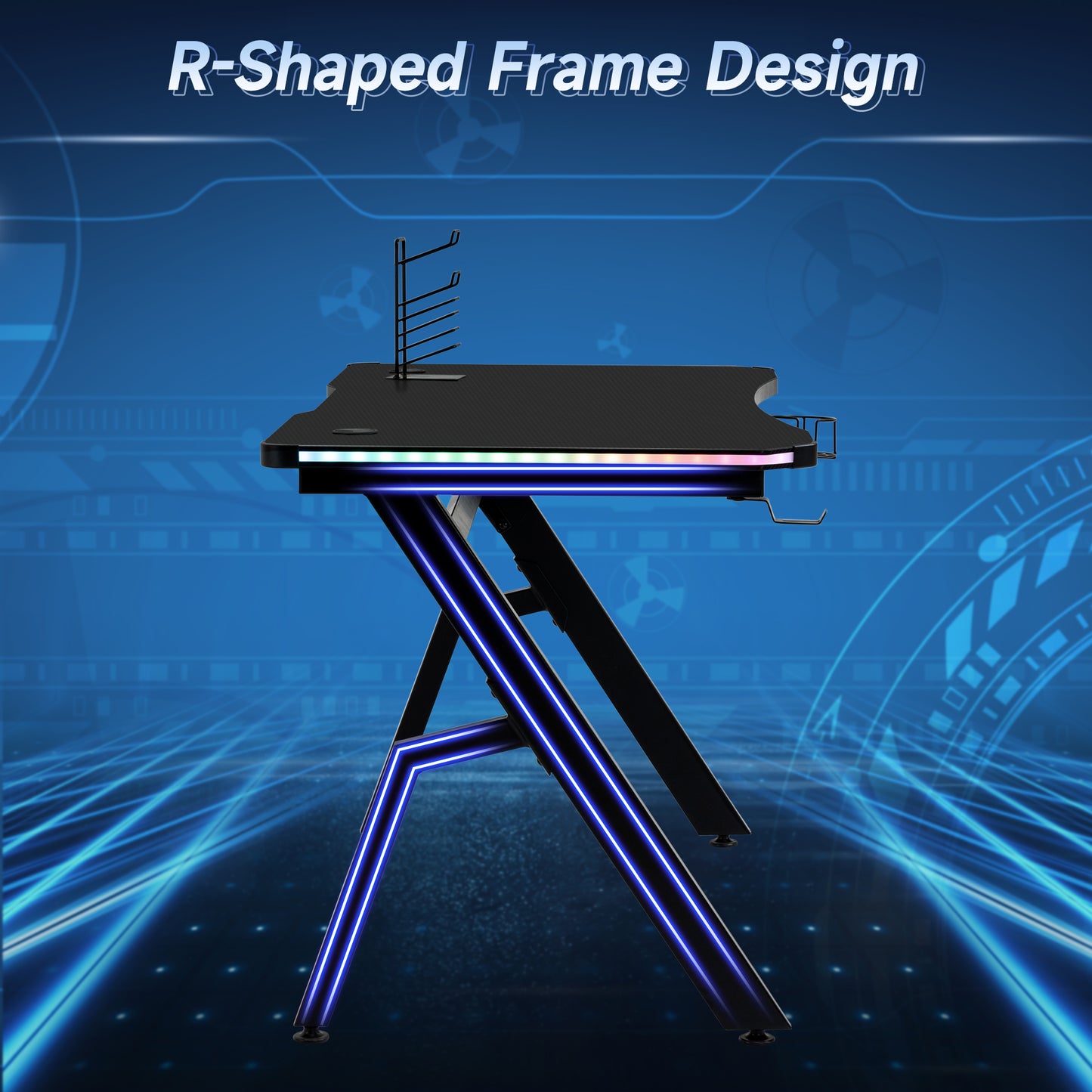 Ergonomic Gaming Desk with Hook Cup Holder LED & Cable Management, Black