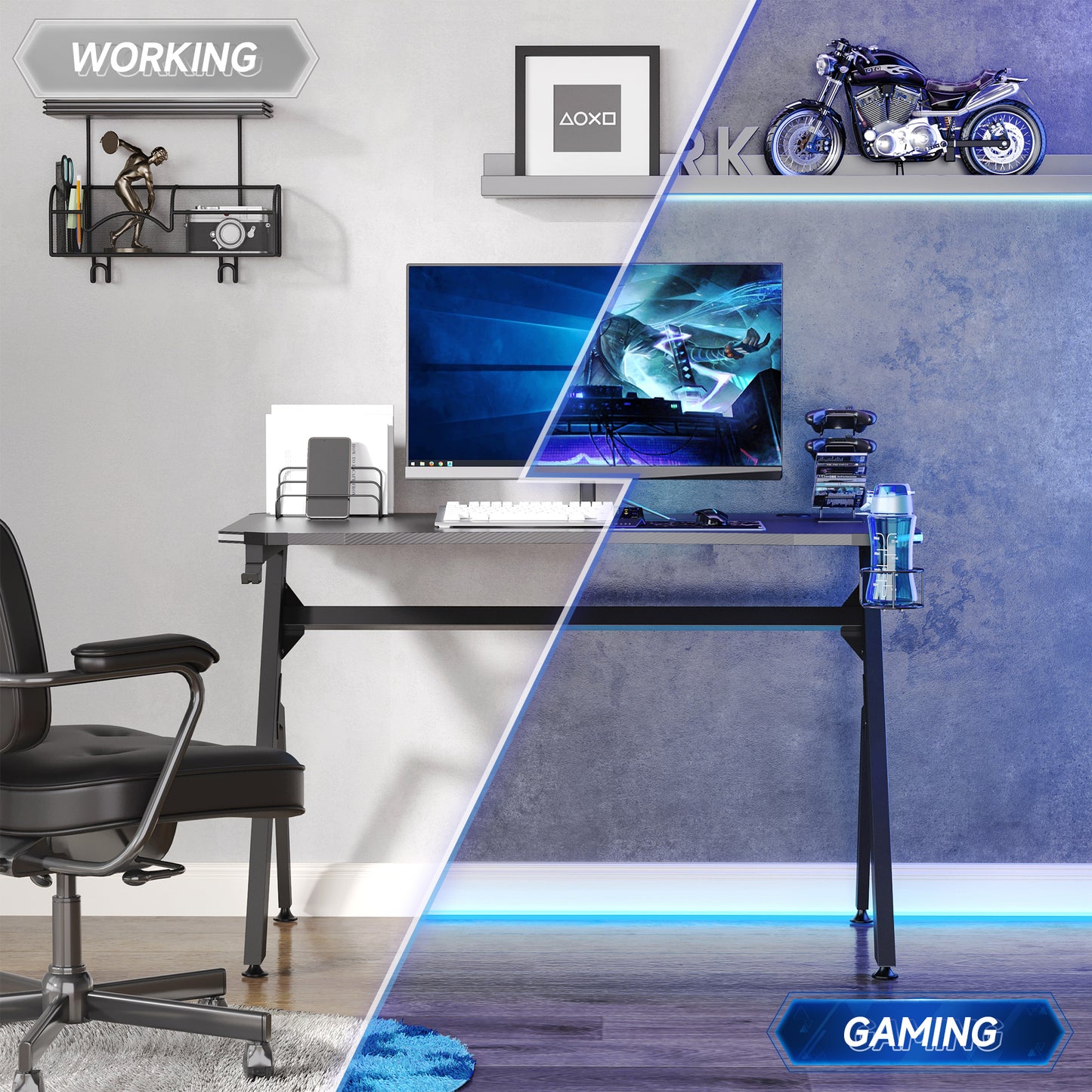 Ergonomic Gaming Desk with Hook Cup Holder LED & Cable Management, Black