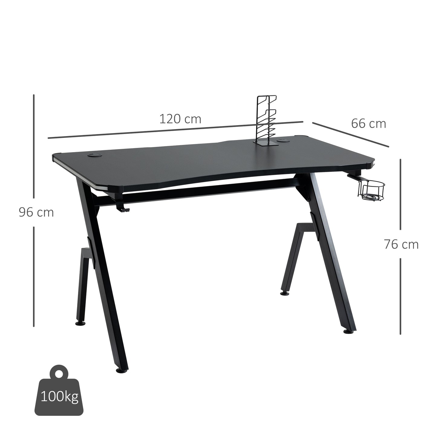 Ergonomic Gaming Desk with Hook Cup Holder LED & Cable Management, Black