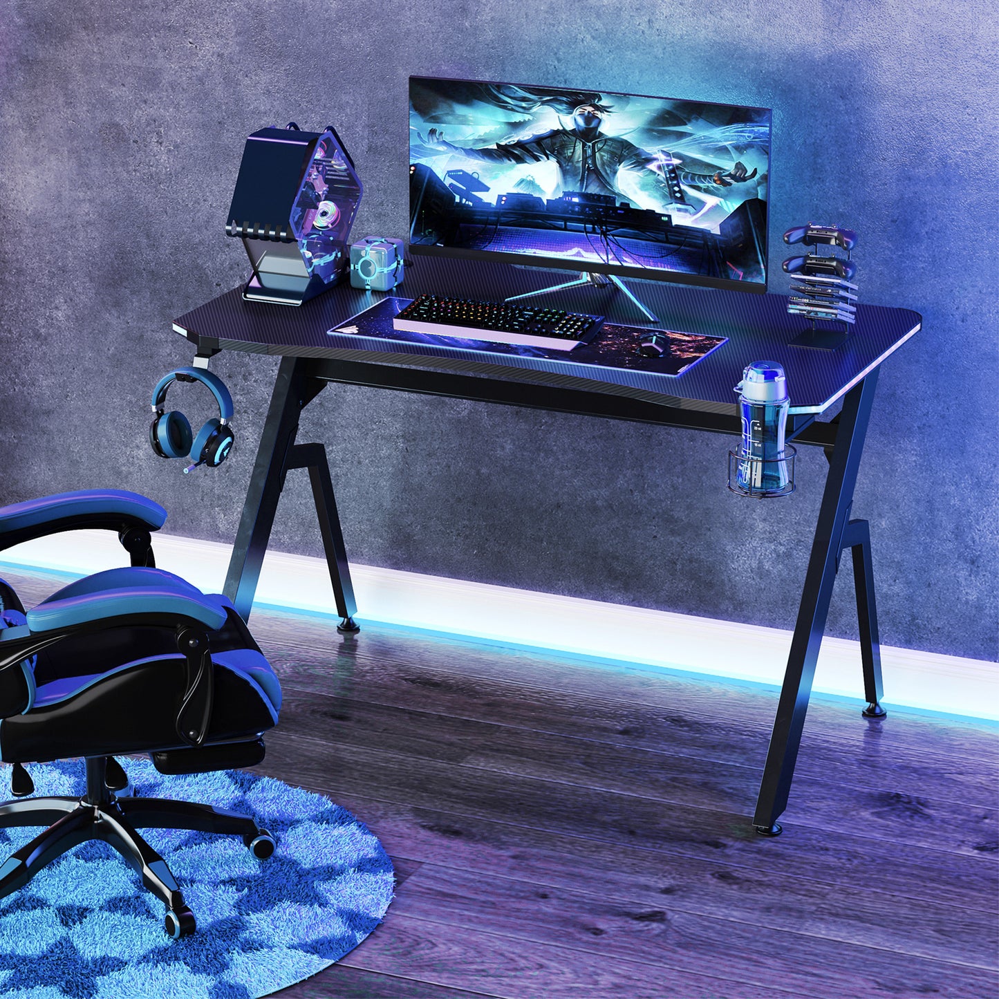 Ergonomic Gaming Desk with Hook Cup Holder LED & Cable Management, Black