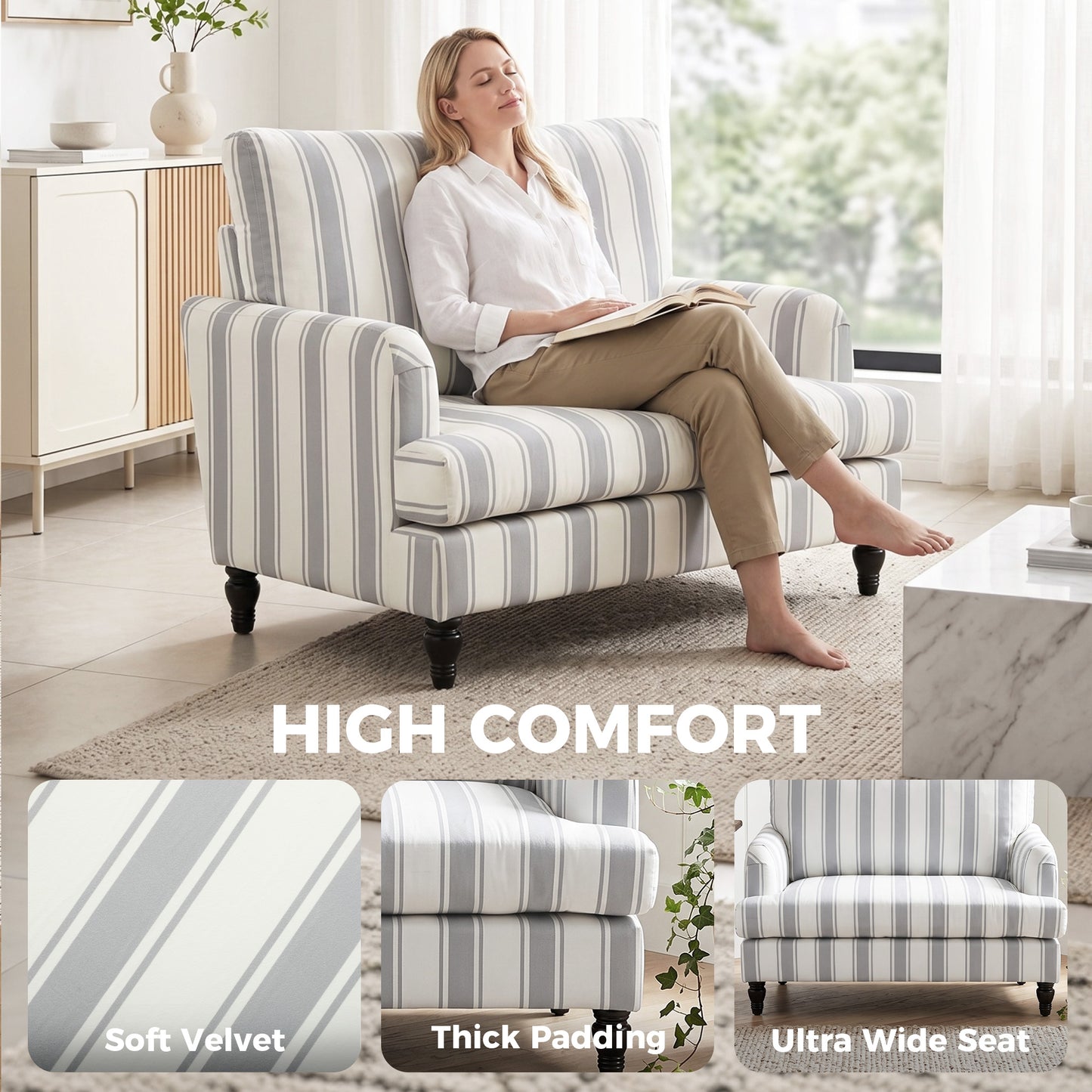 Velvet Single Sofa Armchair with Stripes, Grey