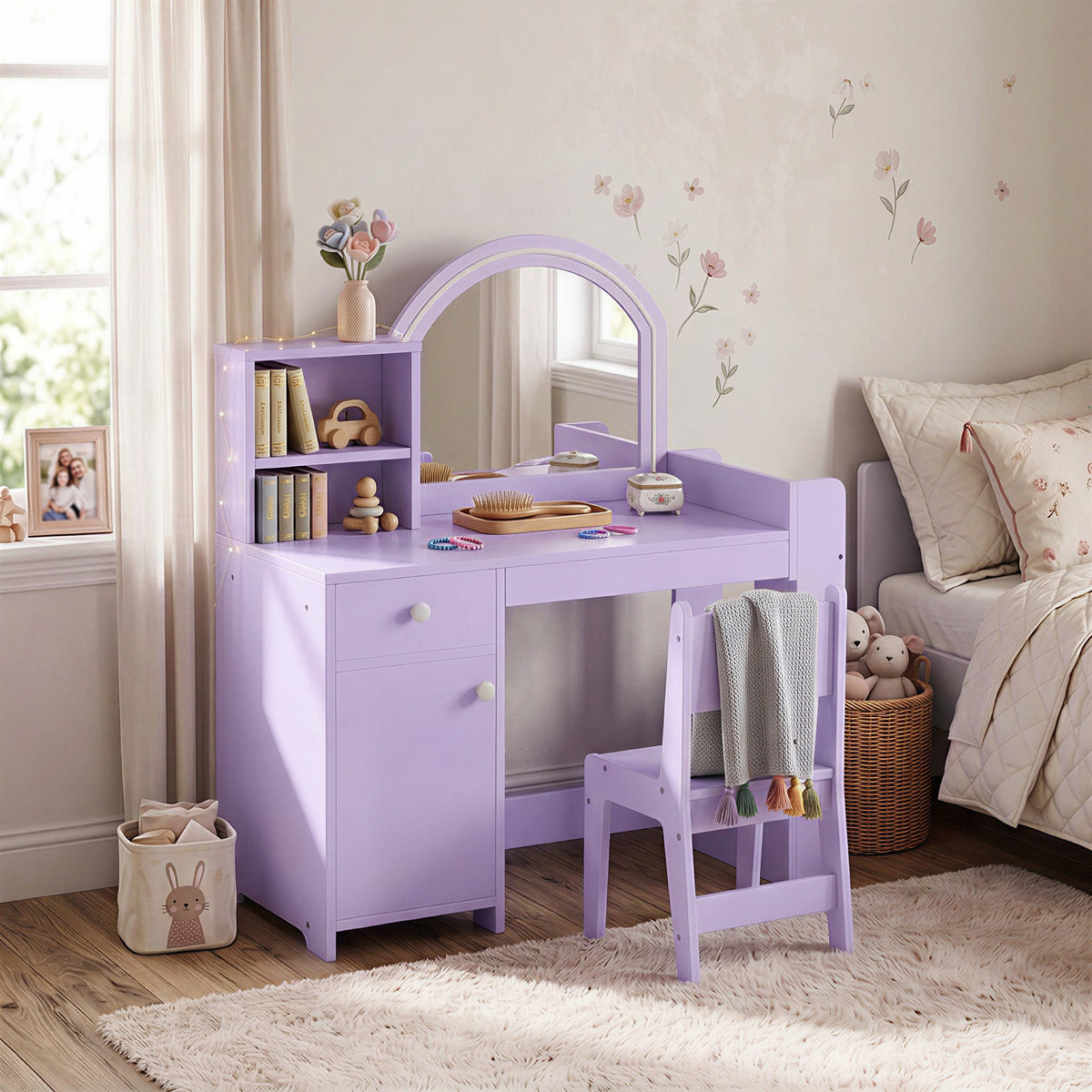 Kids Dressing Table with 2-Colour LED Mirror and Stool, Purple