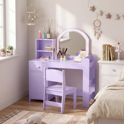 Kids Dressing Table with 2-Colour LED Mirror and Stool, Purple