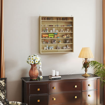 7-Tier Wall Display Cabinet w/ Shelves Glass Doors, Oak