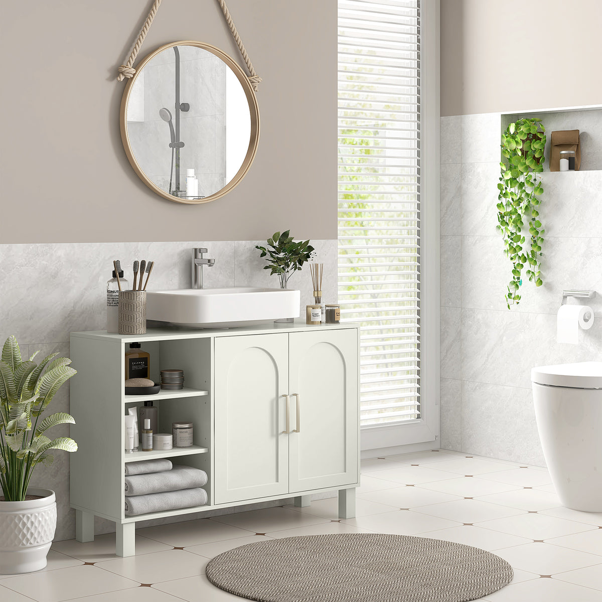 Under-Sink Bathroom Cabinet with Open Shelves and Cupboard - Cream