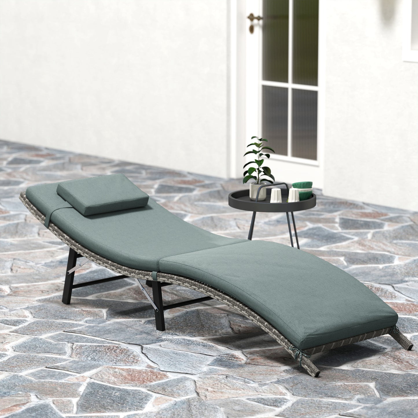 Folding Rattan Sun Lounger with Cushion and Pillow, Mixed Grey