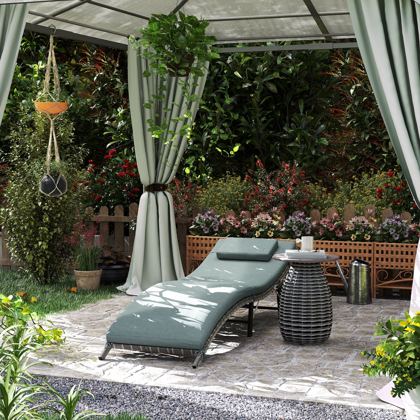 Folding Rattan Sun Lounger with Cushion and Pillow, Mixed Grey