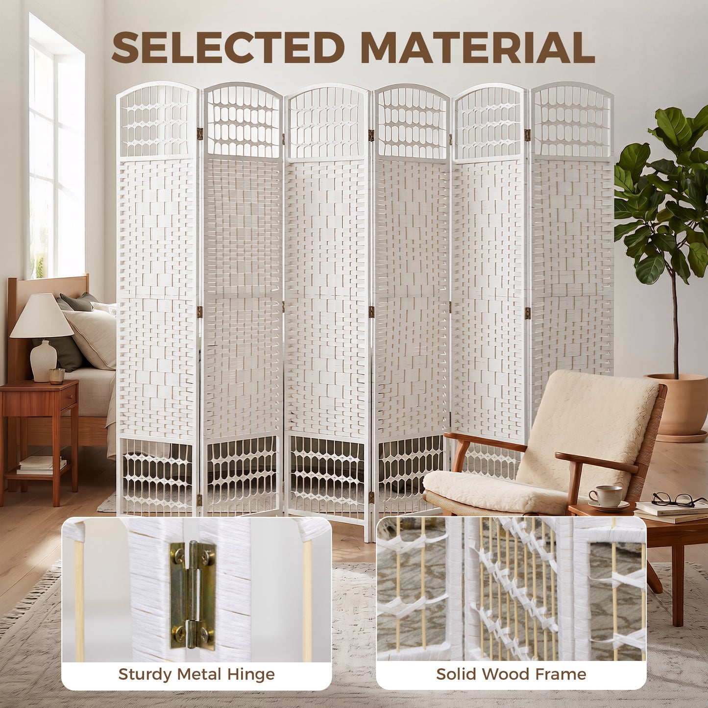 6 Panel Folding Room Divider, Privacy Screen, Freestanding Paravent Partition Separator for Living Room, Bedroom and Office, 240 x 170cm, White