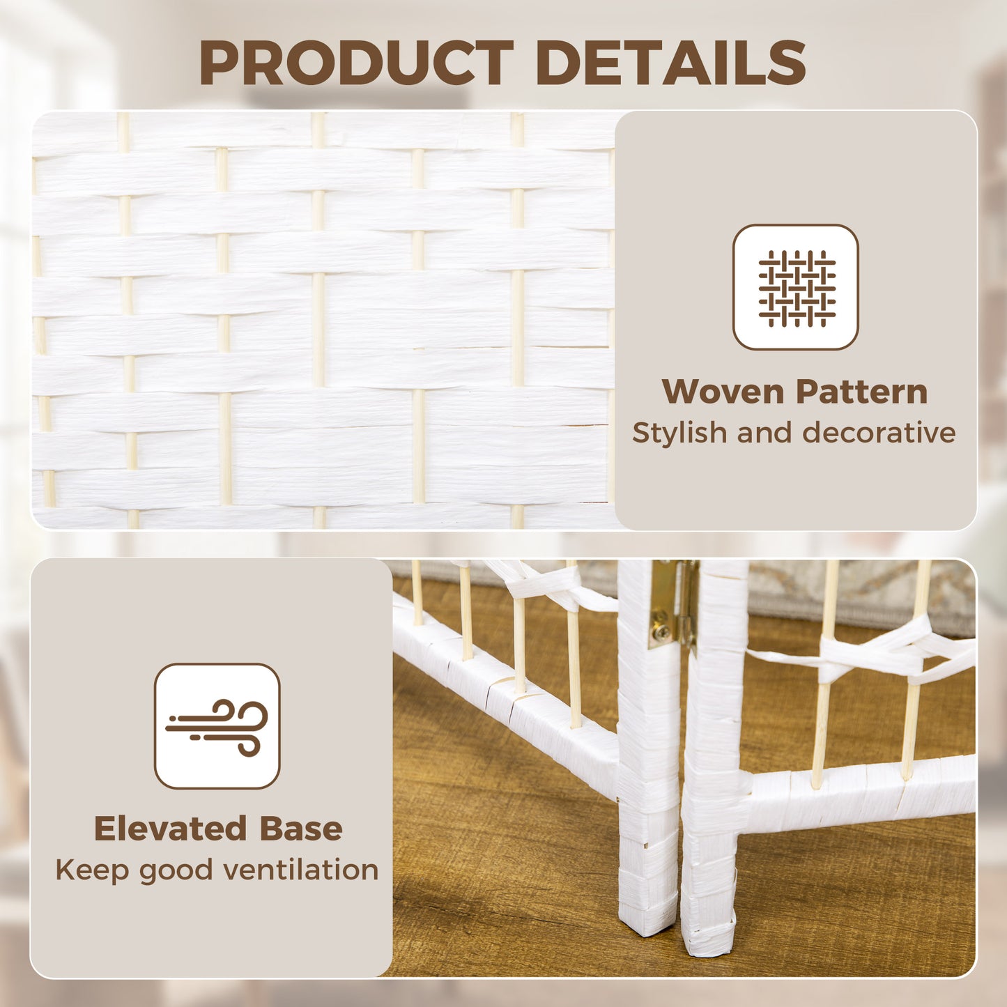 6 Panel Folding Room Divider, Privacy Screen, Freestanding Paravent Partition Separator for Living Room, Bedroom and Office, 240 x 170cm, White
