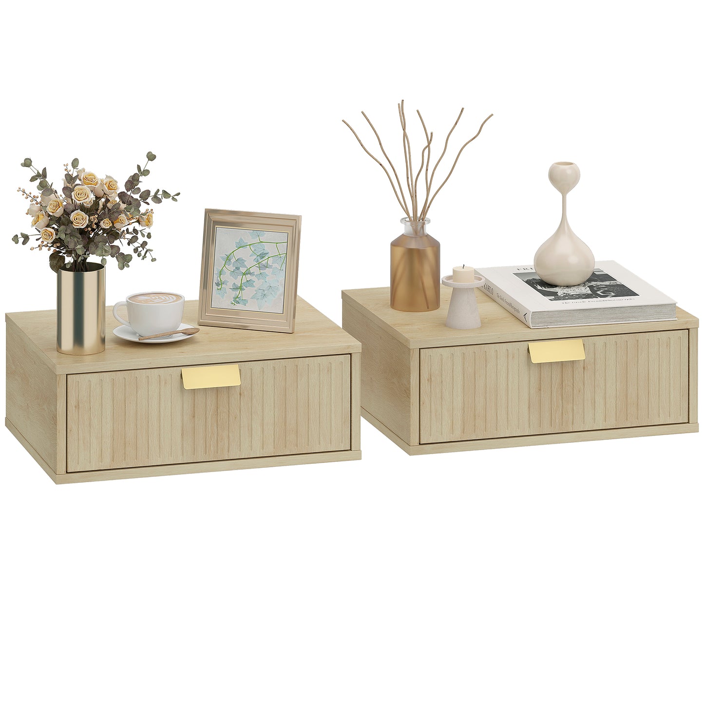 Modern Floating Nightstands Set of 2, Wall Mounted Bedside Tables with Wave Drawer for Bedroom and Living Room, 40W x 30D x 15H cm, Oak