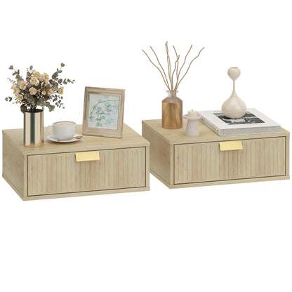 Modern Floating Nightstands Set of 2, Wall Mounted Bedside Tables with Wave Drawer for Bedroom and Living Room, 40W x 30D x 15H cm, Oak