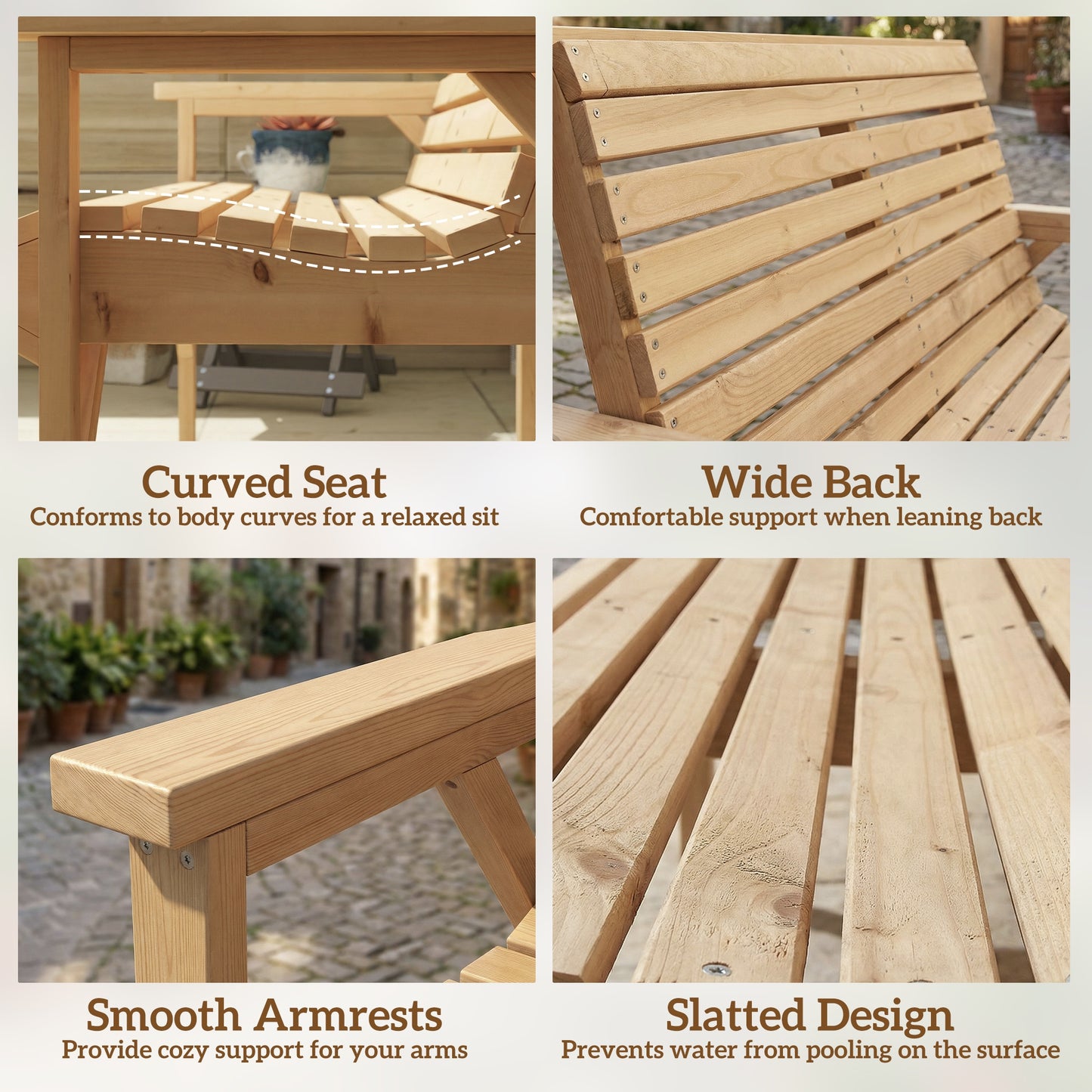 Wooden Garden Bench 2 Seater, Patio Bench for Indoor Outdoor