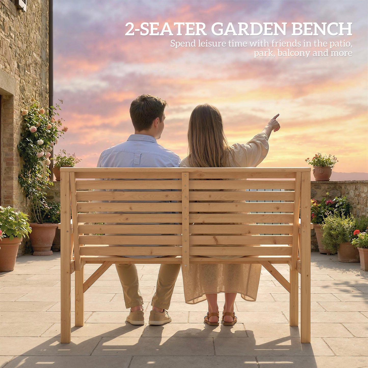 Wooden Garden Bench 2 Seater, Patio Bench for Indoor Outdoor