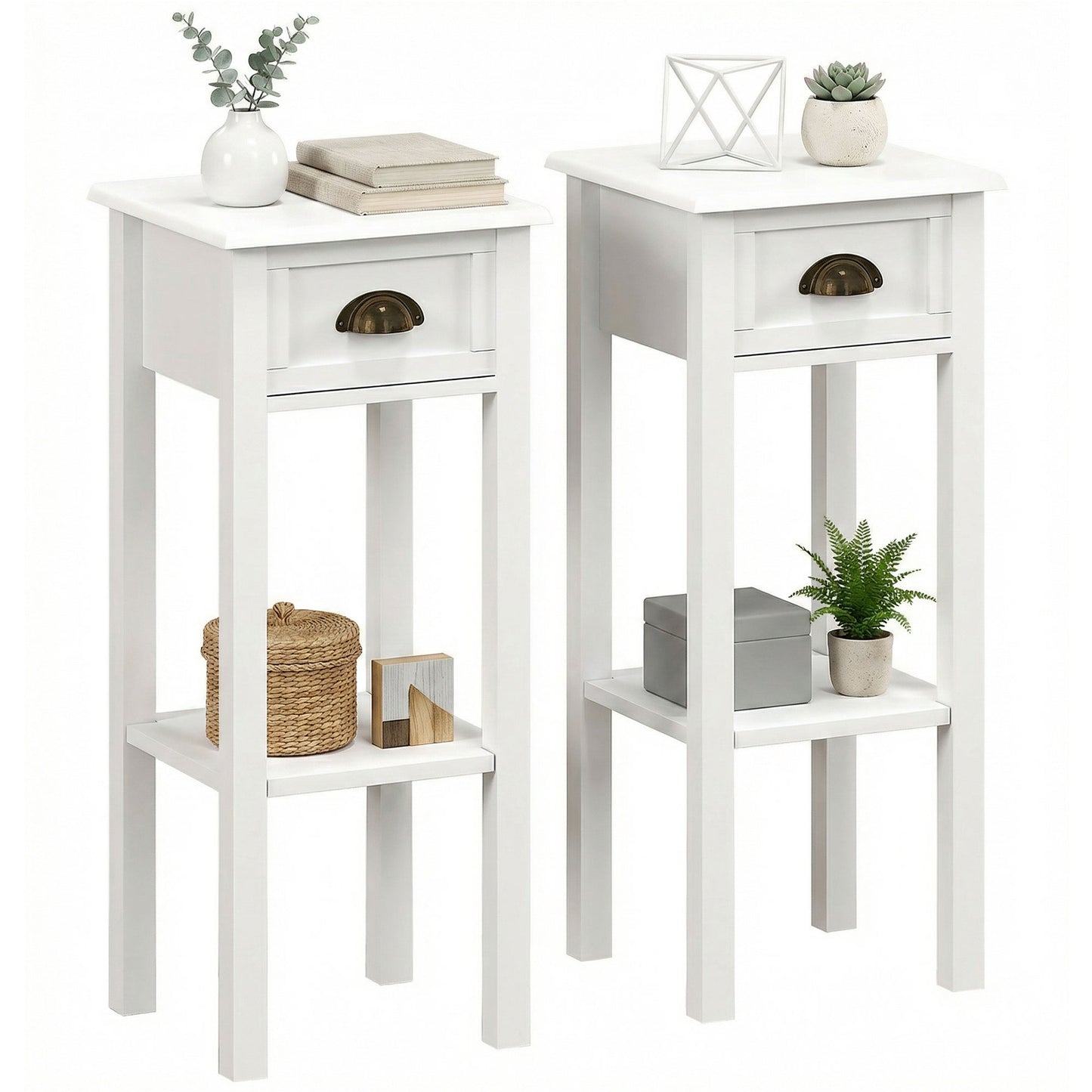 2-Tier Side Tables Set of 2 with Drawer Shelf for Living Room, White