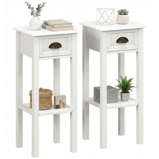 2-Tier Side Tables Set of 2 with Drawer Shelf for Living Room, White