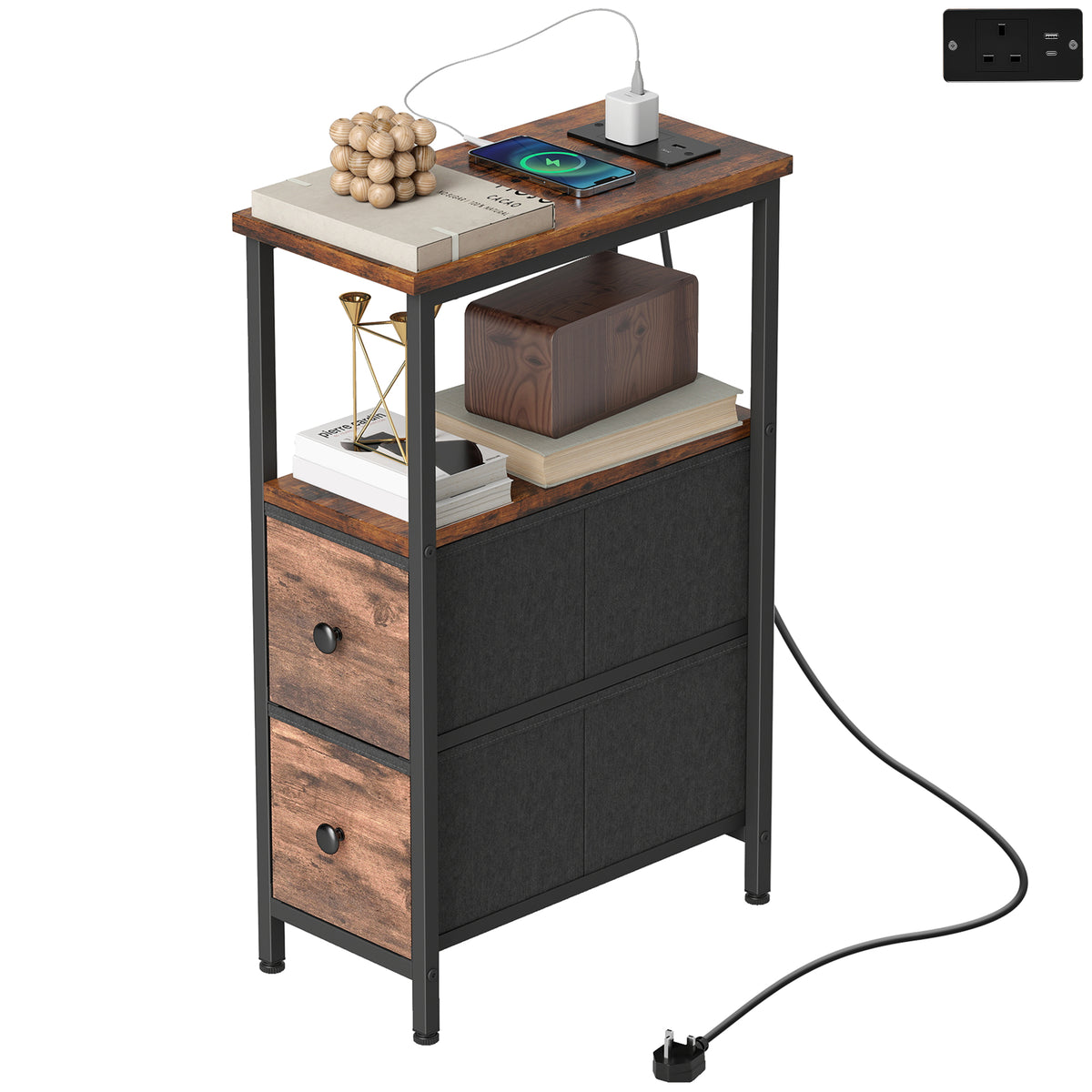 Side Table, Narrow Bedside Table with Charging Station, 2 Drawers