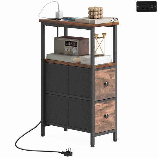 Side Table, Narrow Bedside Table with Charging Station, 2 Drawers