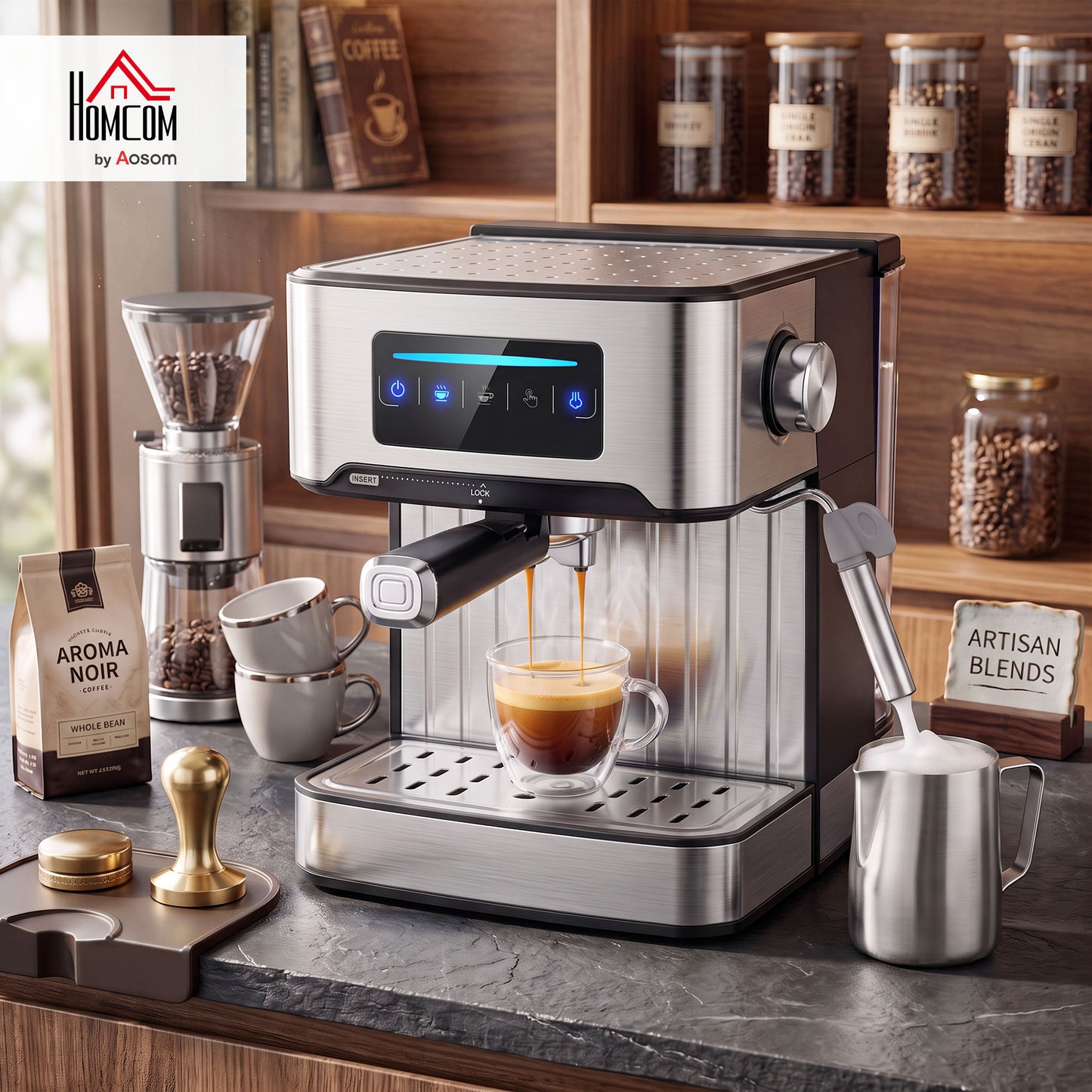 Espresso Machine, 20-Bar, 1.6 L Tank, LED Touch, Black