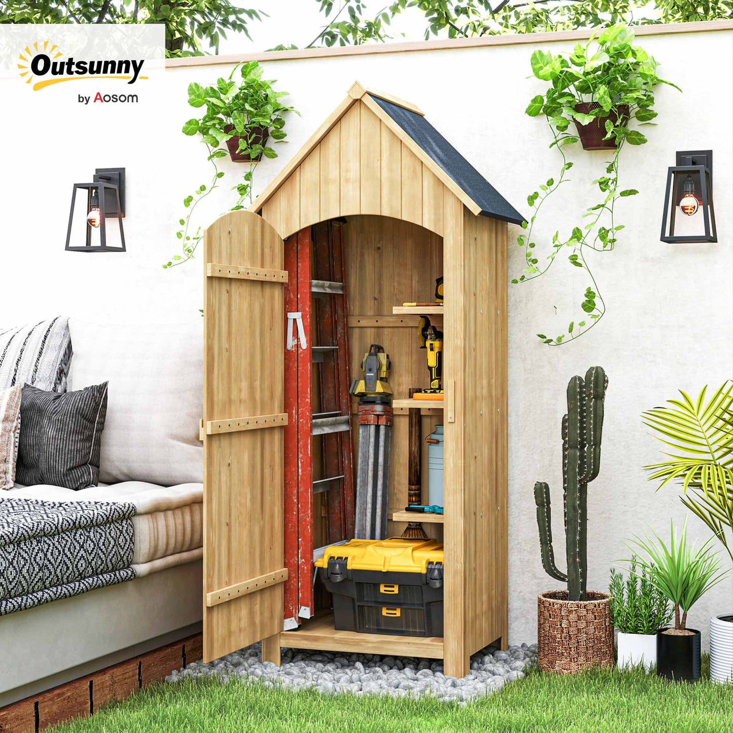 Wooden Garden Storage Shed with 3 Shelves, Outdoor Tool Storage Cabinet with Tilt Roof and Lockable Door, 77.5 x 54.2 x 179.5 cm, Natural