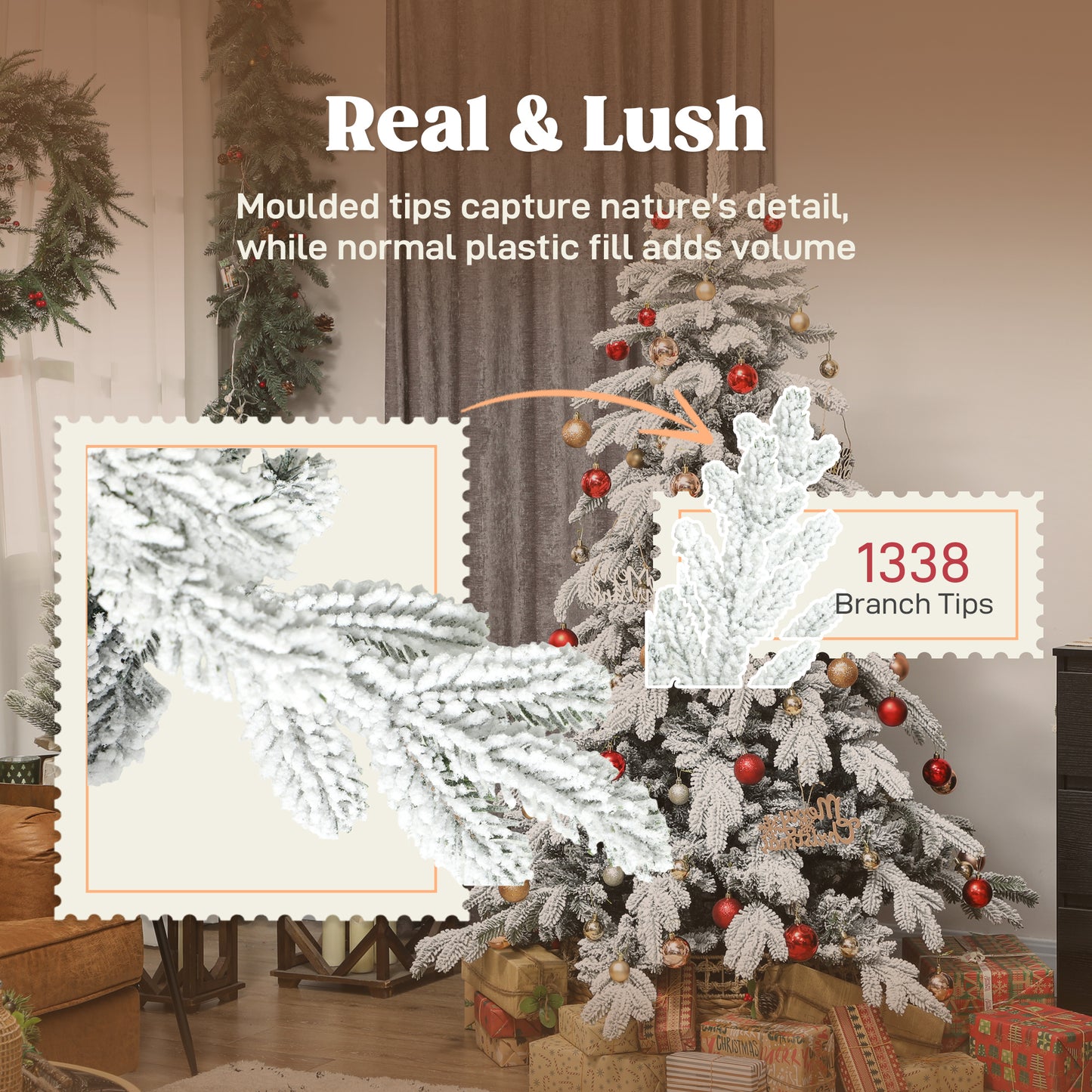 6ft Christmas Tree with Flocked Realistic Tips, Hinged Xmas Tree