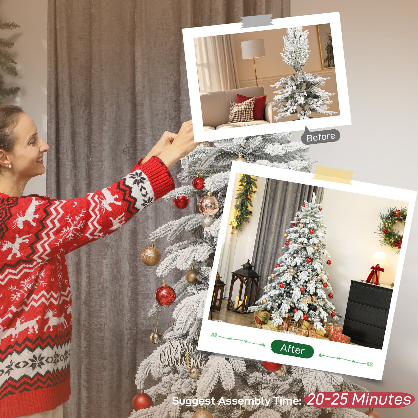 6ft Christmas Tree with Flocked Realistic Tips, Hinged Xmas Tree