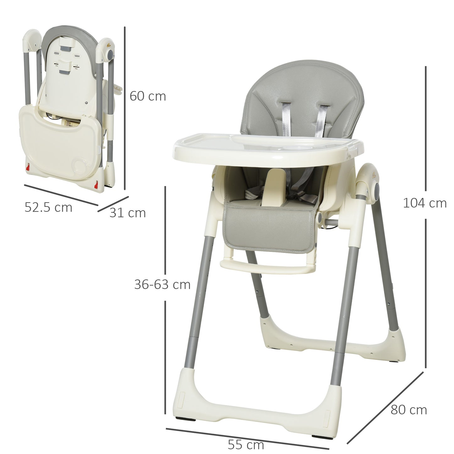 Foldable Baby High Chair Toddler Height Back Footrest Adjustable Grey