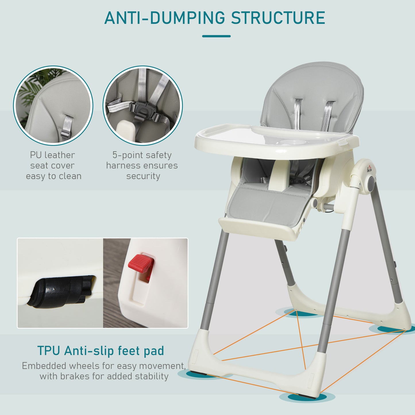 Foldable Baby High Chair Toddler Height Back Footrest Adjustable Grey