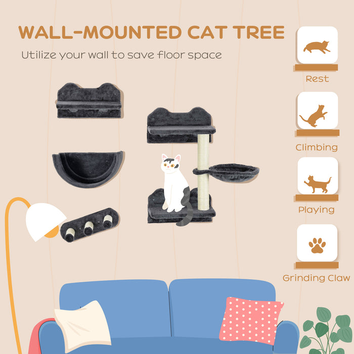 4PCs Wall Mounted Cat Tree Cat Wall Shelves W/ Scratching Post Dark Grey