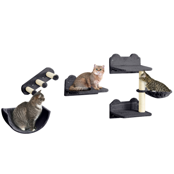 4PCs Wall Mounted Cat Tree Cat Wall Shelves W/ Scratching Post Dark Grey