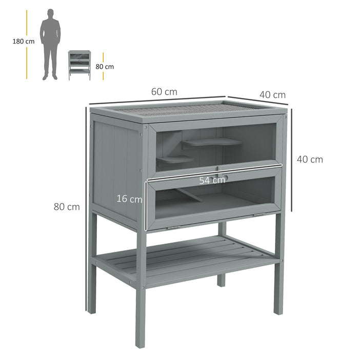 Wooden Hamster Cage w/ Storage Shelf, Openable Top for Gerbils, Grey