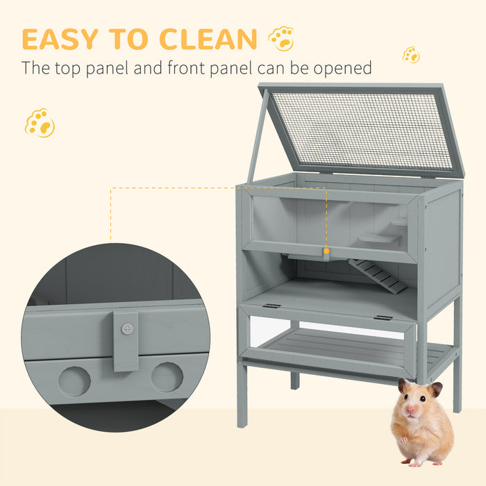 Wooden Hamster Cage w/ Storage Shelf, Openable Top for Gerbils, Grey