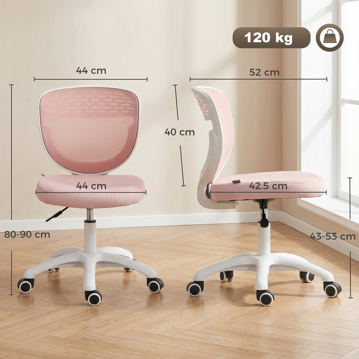 Armless Office Chair with Mesh Back, Pink