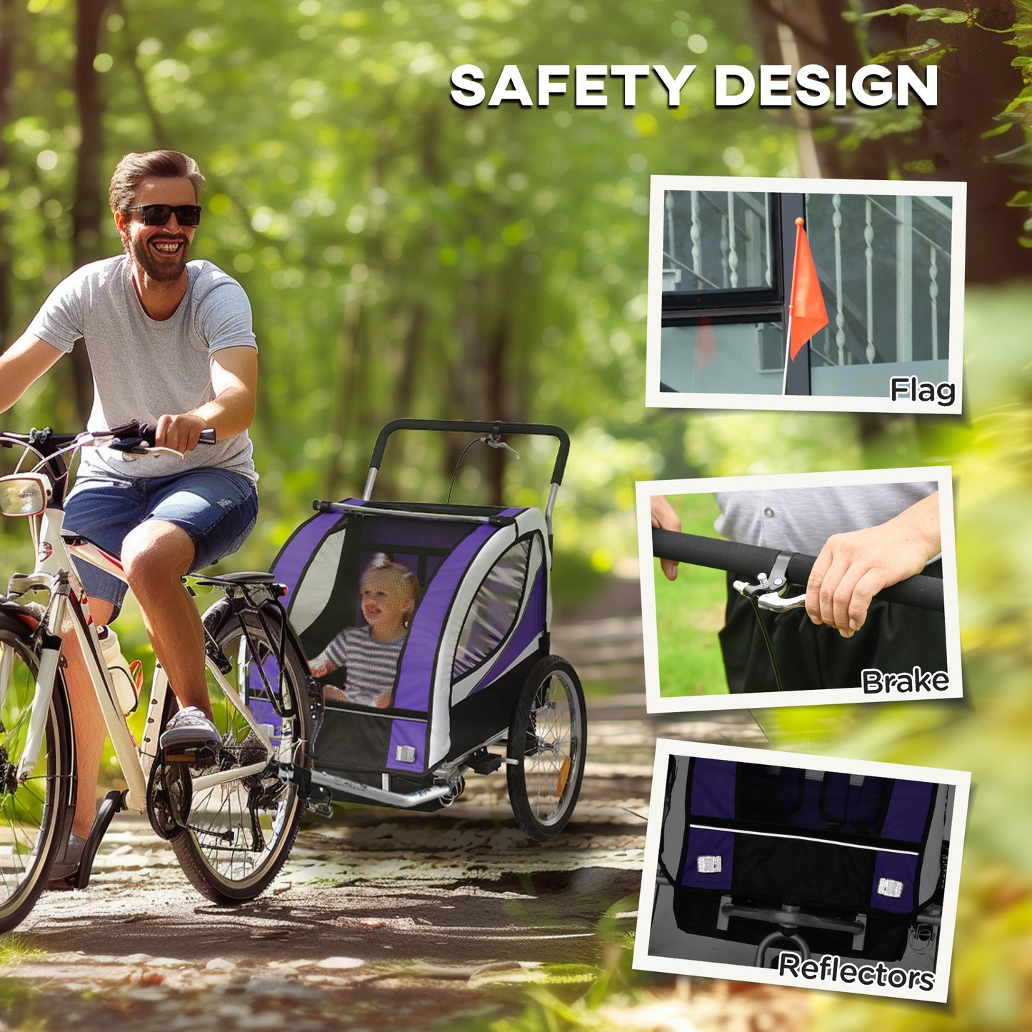 2 Seat Child Bike Trailer, Baby Bicycle Trailer for 2 Kids, Purple