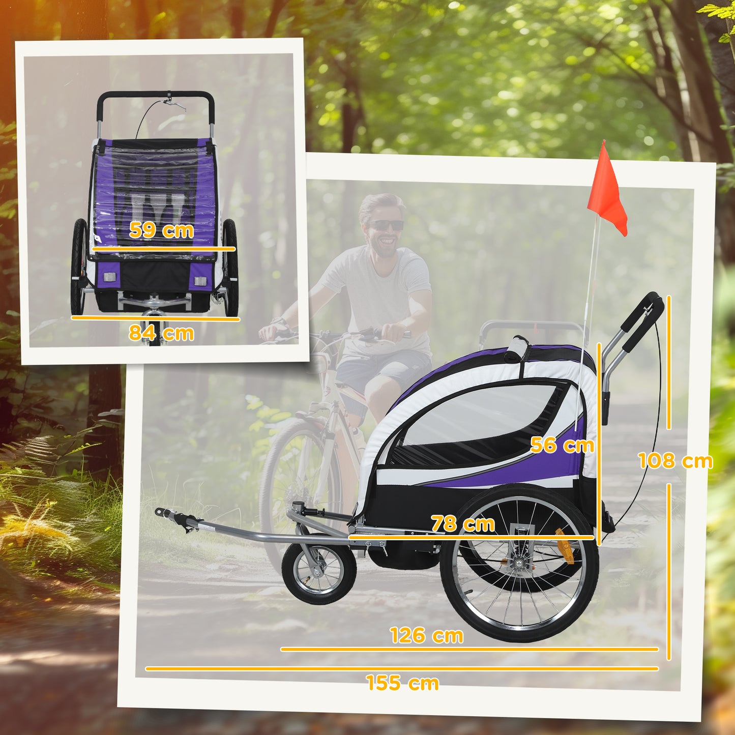 2 Seat Child Bike Trailer, Baby Bicycle Trailer for 2 Kids, Purple
