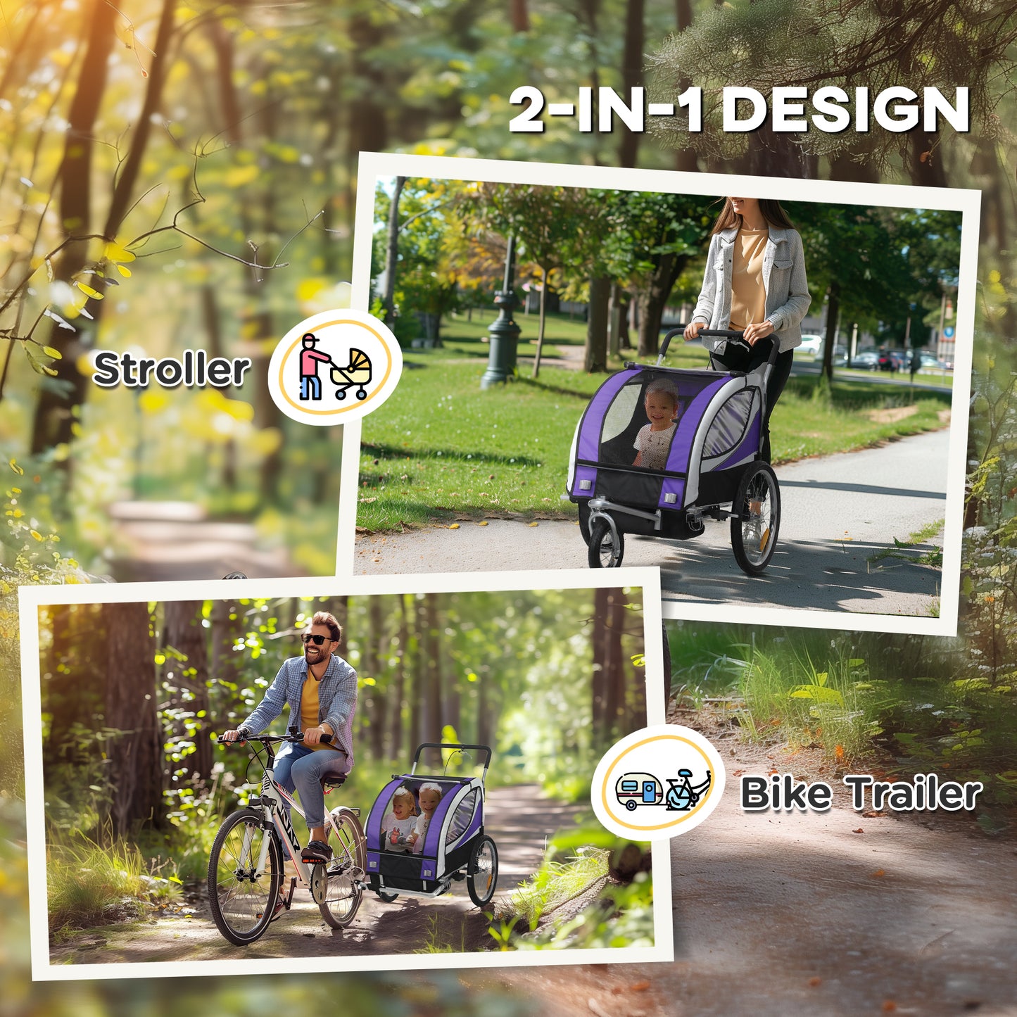 2 Seat Child Bike Trailer, Baby Bicycle Trailer for 2 Kids, Purple