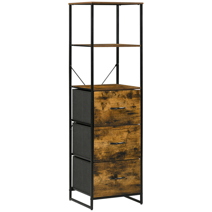 Industrial Tall Bookcase w/ 2 Open Shelves and 3 Foldable Fabric Drawers, Multifunctional Storage Cabinet in Living Room, Study, Rustic Brown