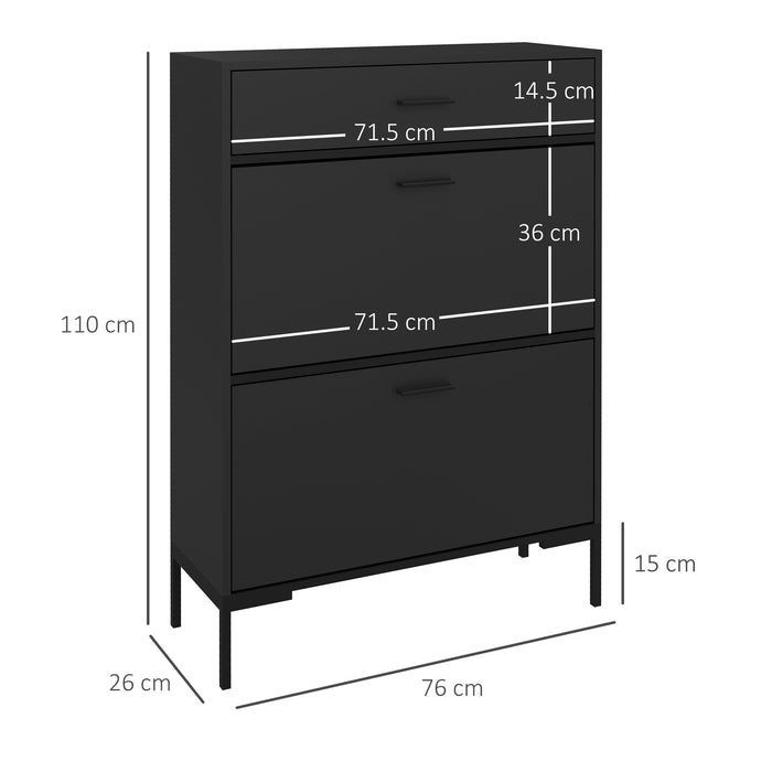 Shoe Storage Cupboard with 2 Flip Doors and Sliding out Drawer, Black