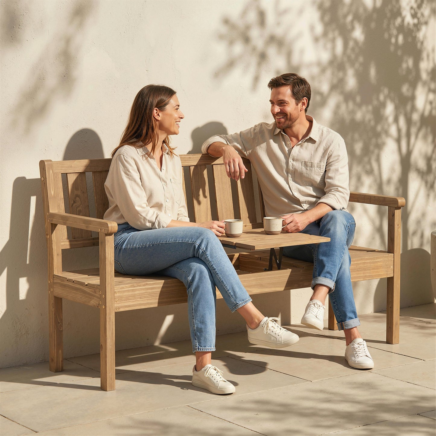 Wooden Garden Loveseat Bench with Table and Hidden Shelf, Teak