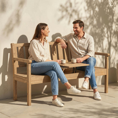 Wooden Garden Loveseat Bench with Table and Hidden Shelf, Teak
