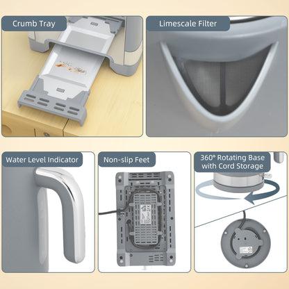 3000W Rapid Boil Kettle and Toaster Set with Otter Thermostat, Grey