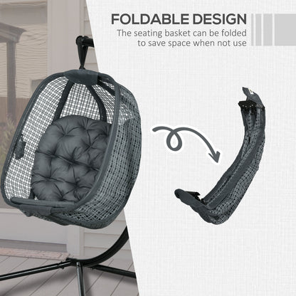 Outdoor Swing Chair w/ Thick Padded Cushion, Patio Hanging Chair w/ Metal Stand, Foldable Basket, Cup Holder, Grey