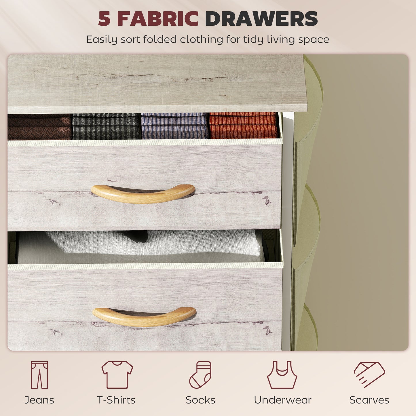 Fabric Chest of Drawers, 5 Drawer Dresser for Bedroom, Natural Wood