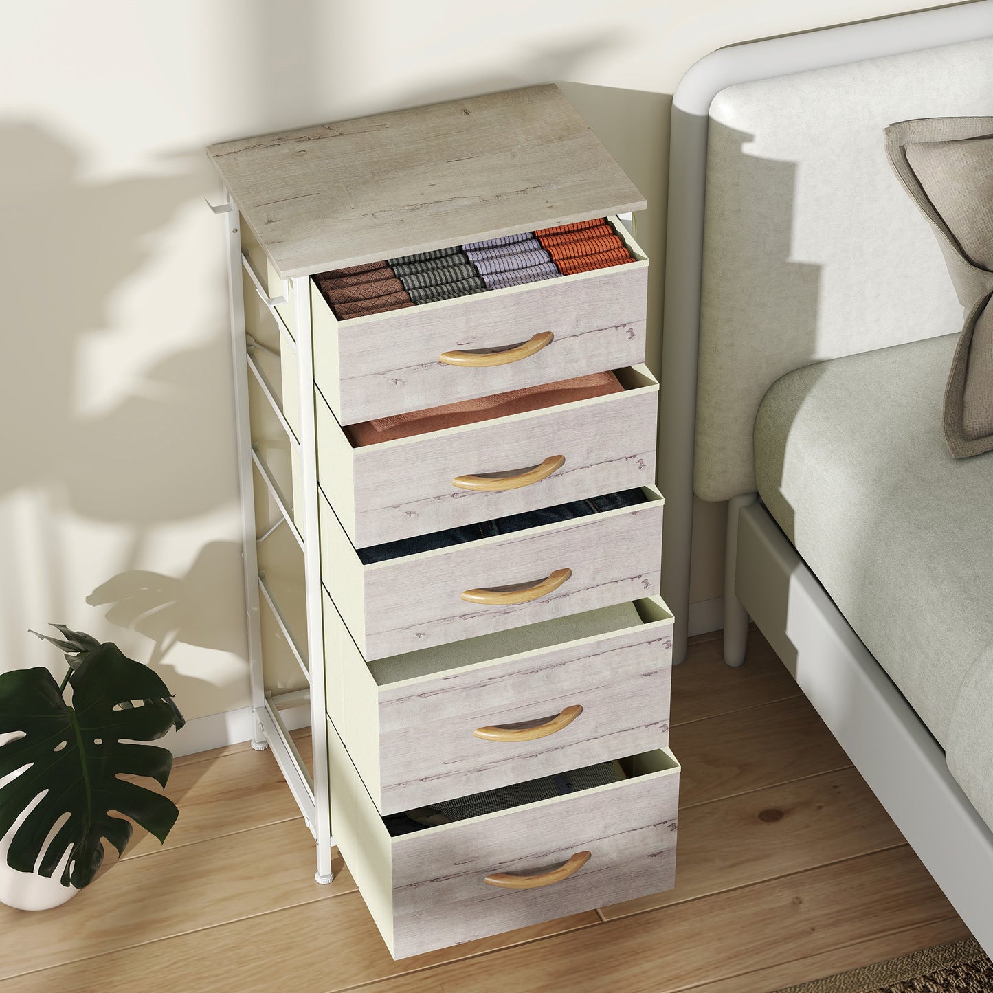 Fabric Chest of Drawers, 5 Drawer Dresser for Bedroom, Natural Wood