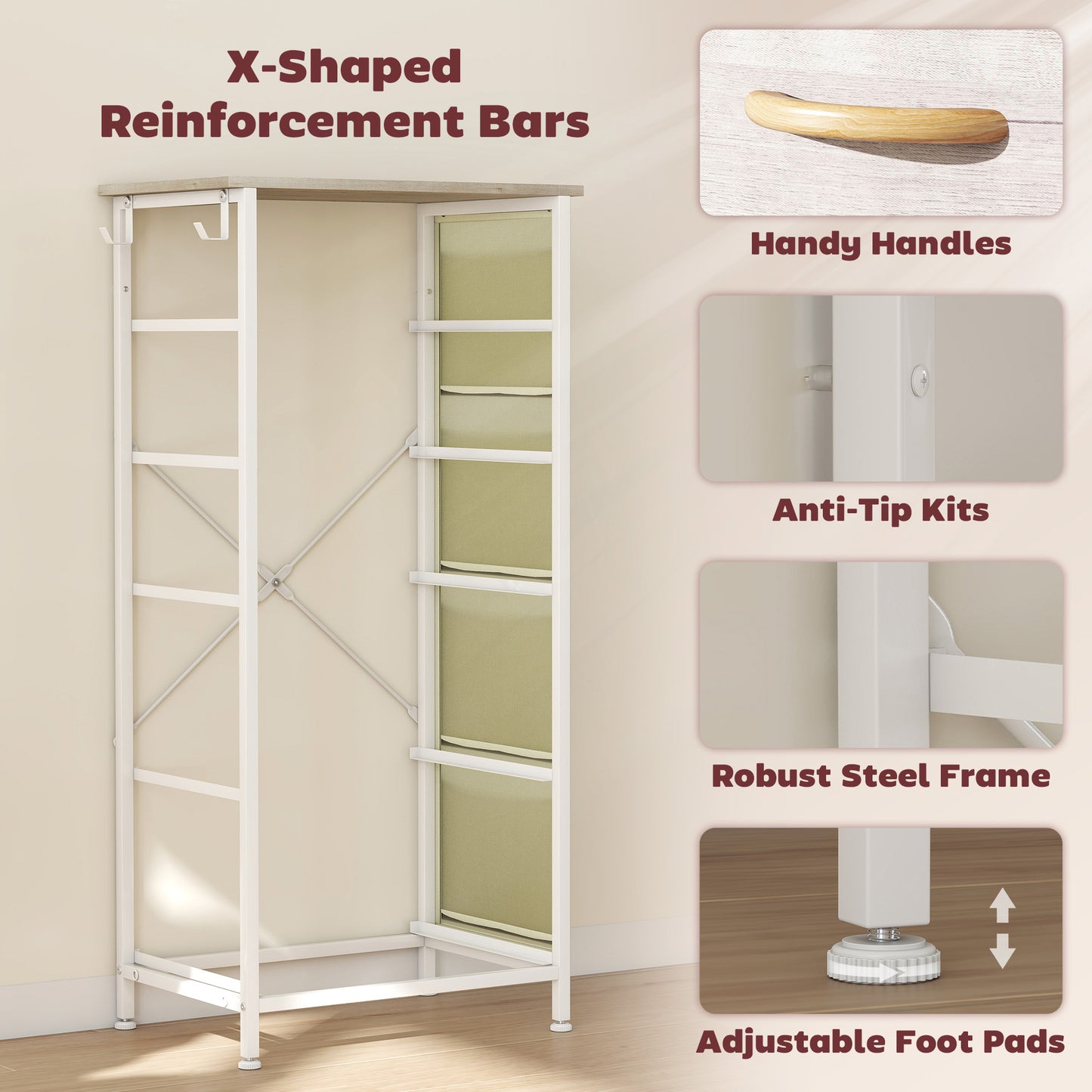 Fabric Chest of Drawers, 5 Drawer Dresser for Bedroom, Natural Wood