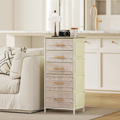Fabric Chest of Drawers, 5 Drawer Dresser for Bedroom, Natural Wood