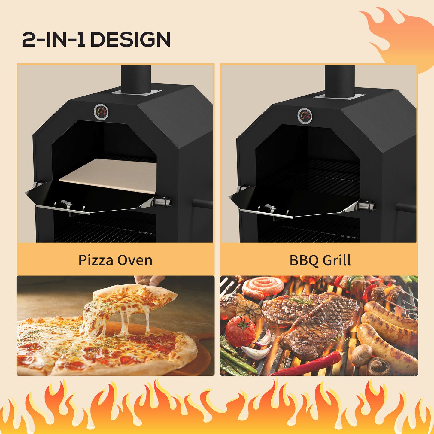 Steel 3-Tier Outdoor Pizza Oven Charcoal BBQ Grill, Black
