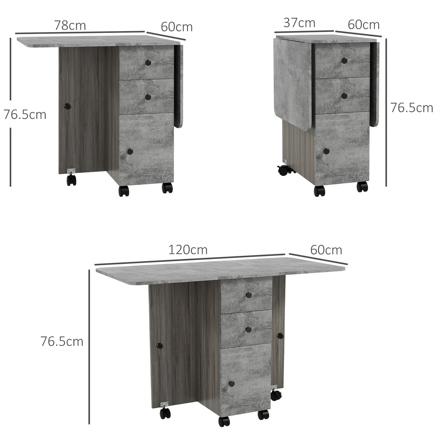 Foldable Dining Table, Drop Leaf Table with Drawers and Storage Cabinet